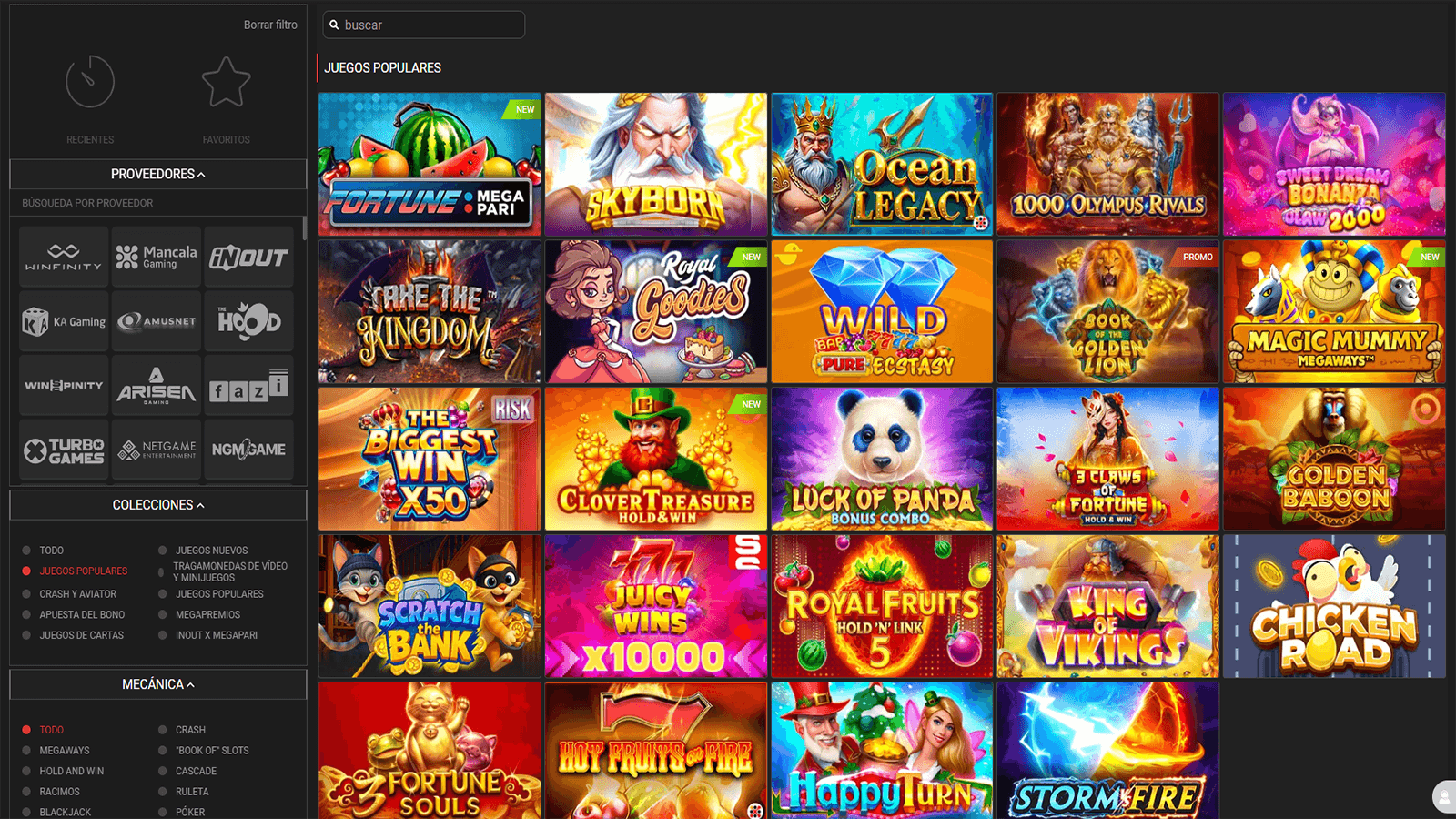 Nombre de la seleccion de juegos del casino Megapari