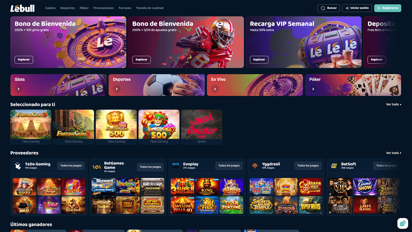 Página de inicio de Lebull Casino en Perú