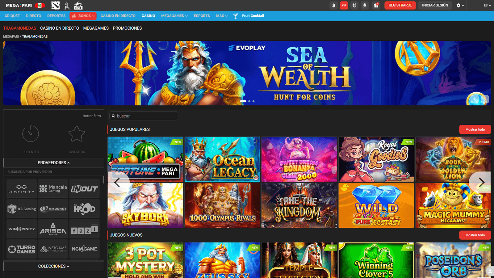 Pagina de inicio de Megapari Casino en Peru