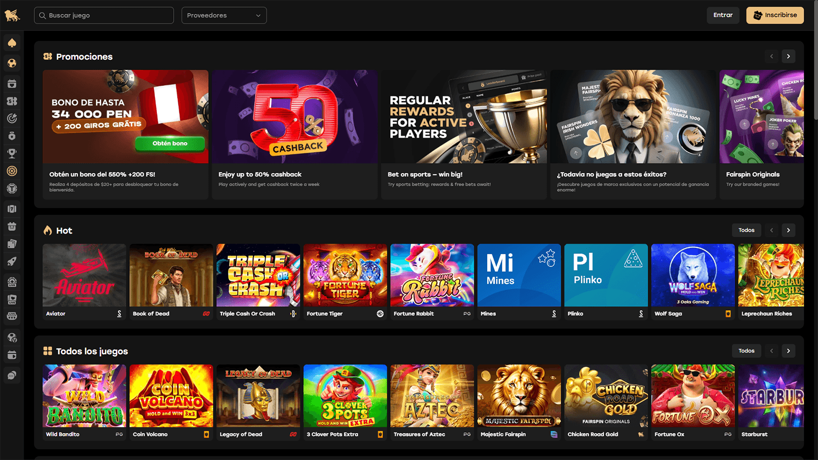 Pagina principal del casino Fairspin en Peru