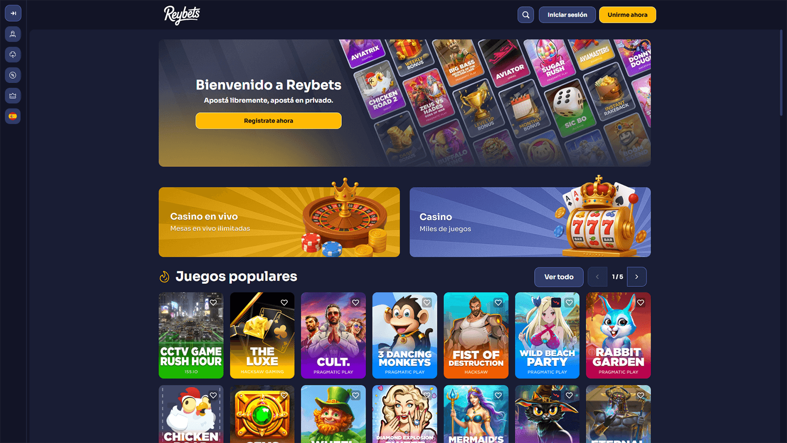 Página principal del casino Reybets en Perú