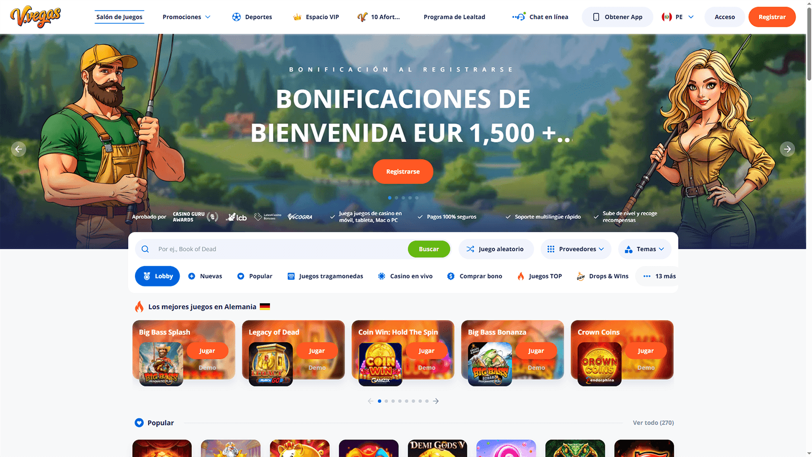 Página principal del casino V.Vegas en Perú