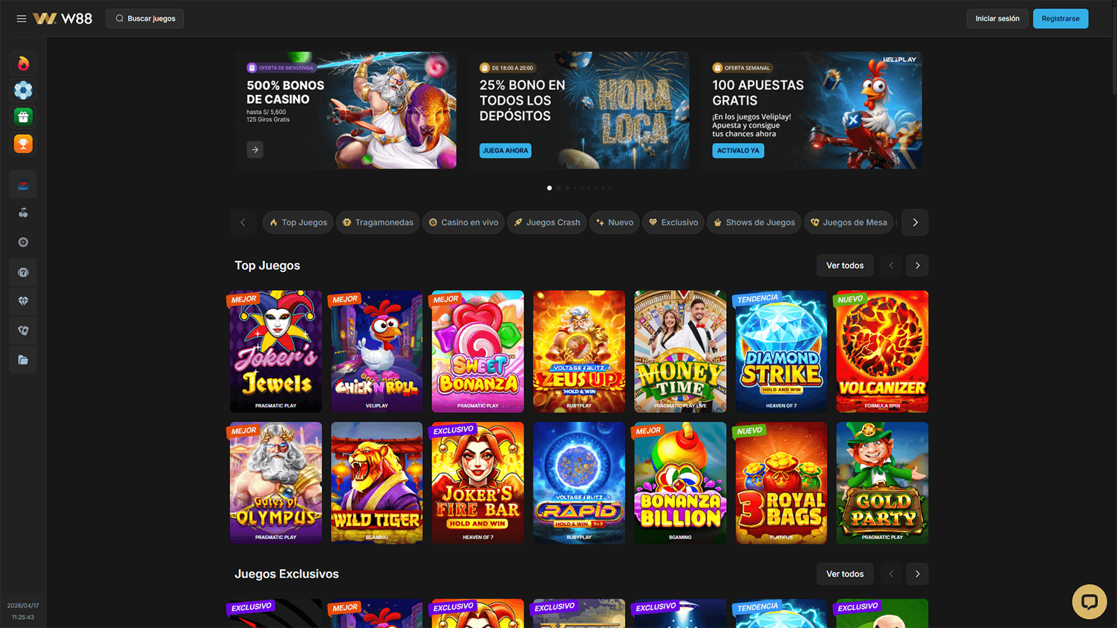Página principal del casino W88 en Perú