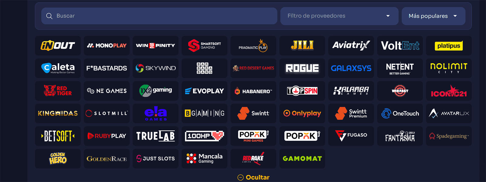 Proveedores de juegos en el casino Reybets en Perú